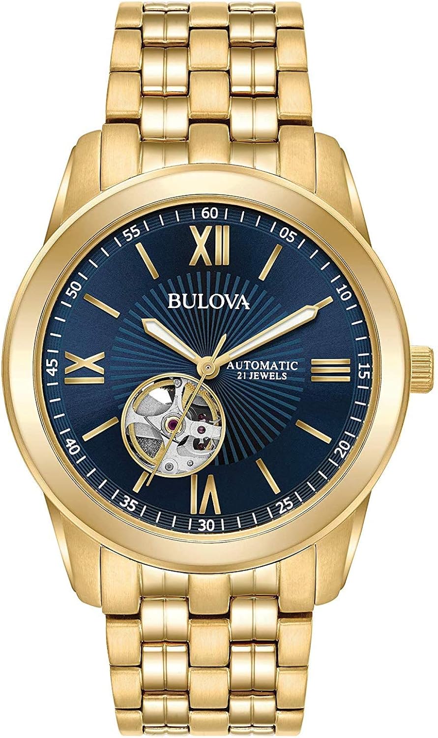 Bulova Men's Goldtone Automatic Bracelet Watch, Blue Dial Watches