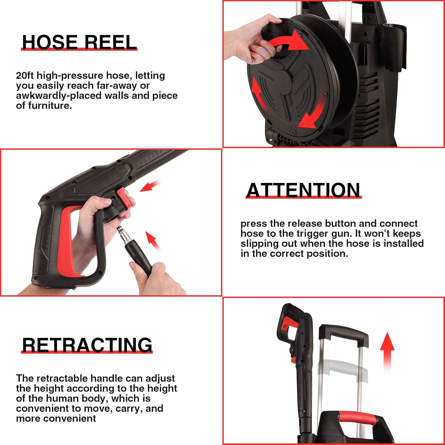 Power Washer, Suyncll Pressure Washer 3800 Max PSI 2000W Electric Portable High Pressure Cleaner Machine with 4 Nozzles, Detergent Tank and Hose Reel, for Homes, Cars, Driveways, Fences, Patios (Red) : Garden & Outdoor