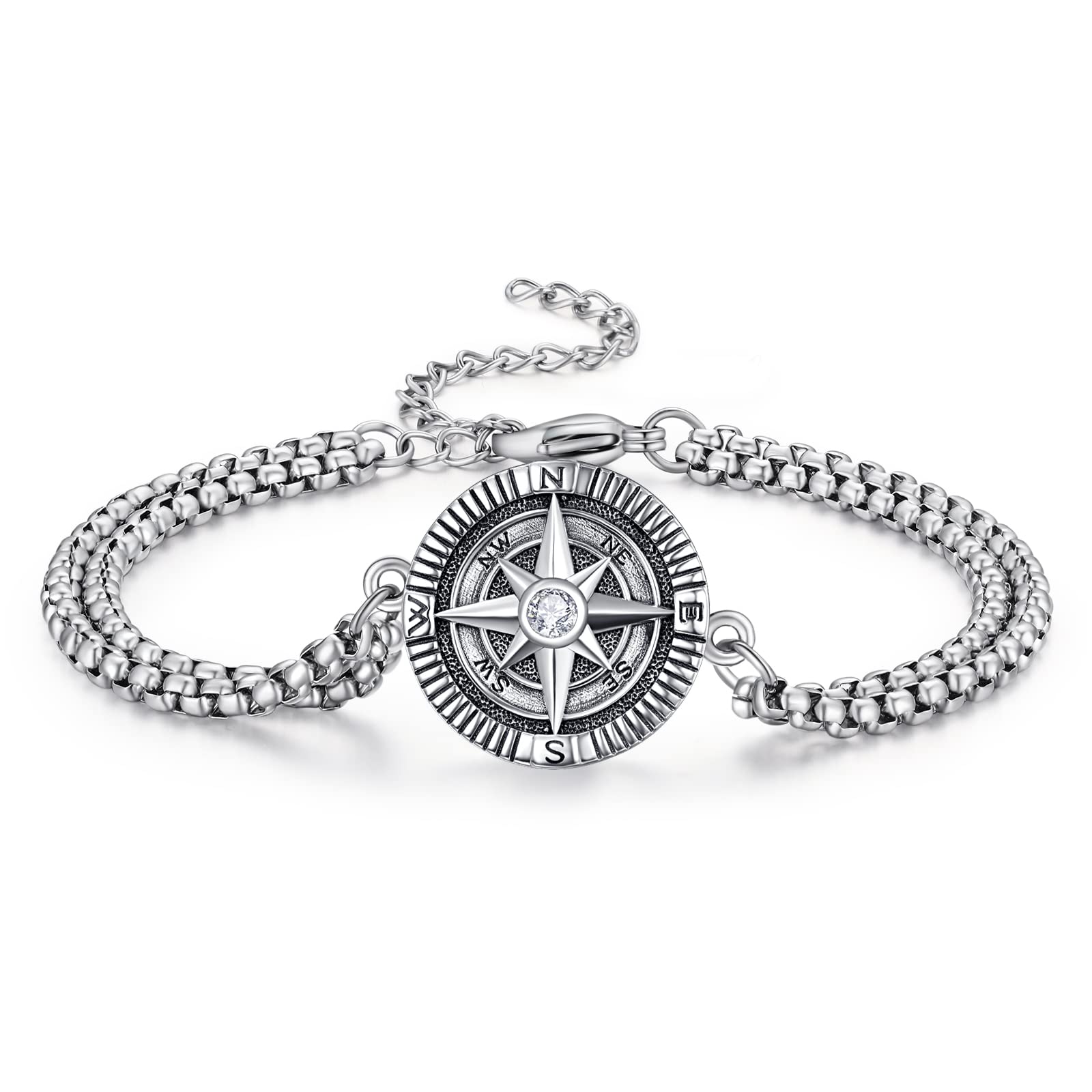 KINGWHYTE Compass Bracelet 925 Sterling Silver Talisman Travel Vintage Inspirational Gifts for Men