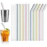YAKAUEI 10 Pcs Reusable Glass Straws Shatter Resistant, Colored Short Straw | 7''x 8mm Glass Straws Set of 5 Straight &amp; 5 Bent Straw Short with 2 Cleaning Brushes for Coffee, Tea, Cocktails (Colors-A)