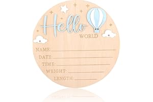 Newborn Announcement Sign, 5.9in/15cm Round Wooden Hello World Baby Sign Birth Name Board with 3D Hot Air Balloon Clouds & St
