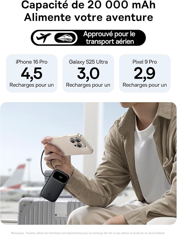 Powerbank 20000mAh 45W avec 2 Câbles USB-C Intégrés, Power Bank PD3,0 QC4,0 Batteries Externes Charge Rapide, 3C et 1 A, Chargeur Portable pour iPhone 17/16/15 Pro Max, iPad, Samsung, Noir