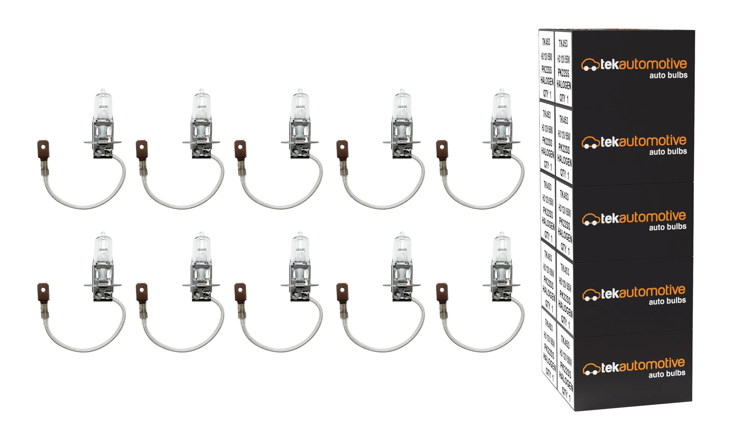 Tek Automotive H3 453 Halogen 12V 55W Bulbs for Headlight Fog Light and Cornering Lamps, PK22s Road Legal E Approved Replacement – Box of 10