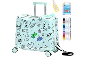 SMILESUN Kids Ride-On Suitcase with Cute Ears, DIY Graffiti Coloring Design, 20" Carry-On Luggage with 4 Spinner Wheels, Pull Rope & Combination Lock – Rideable Travel Case for Toddlers & Children(Green)