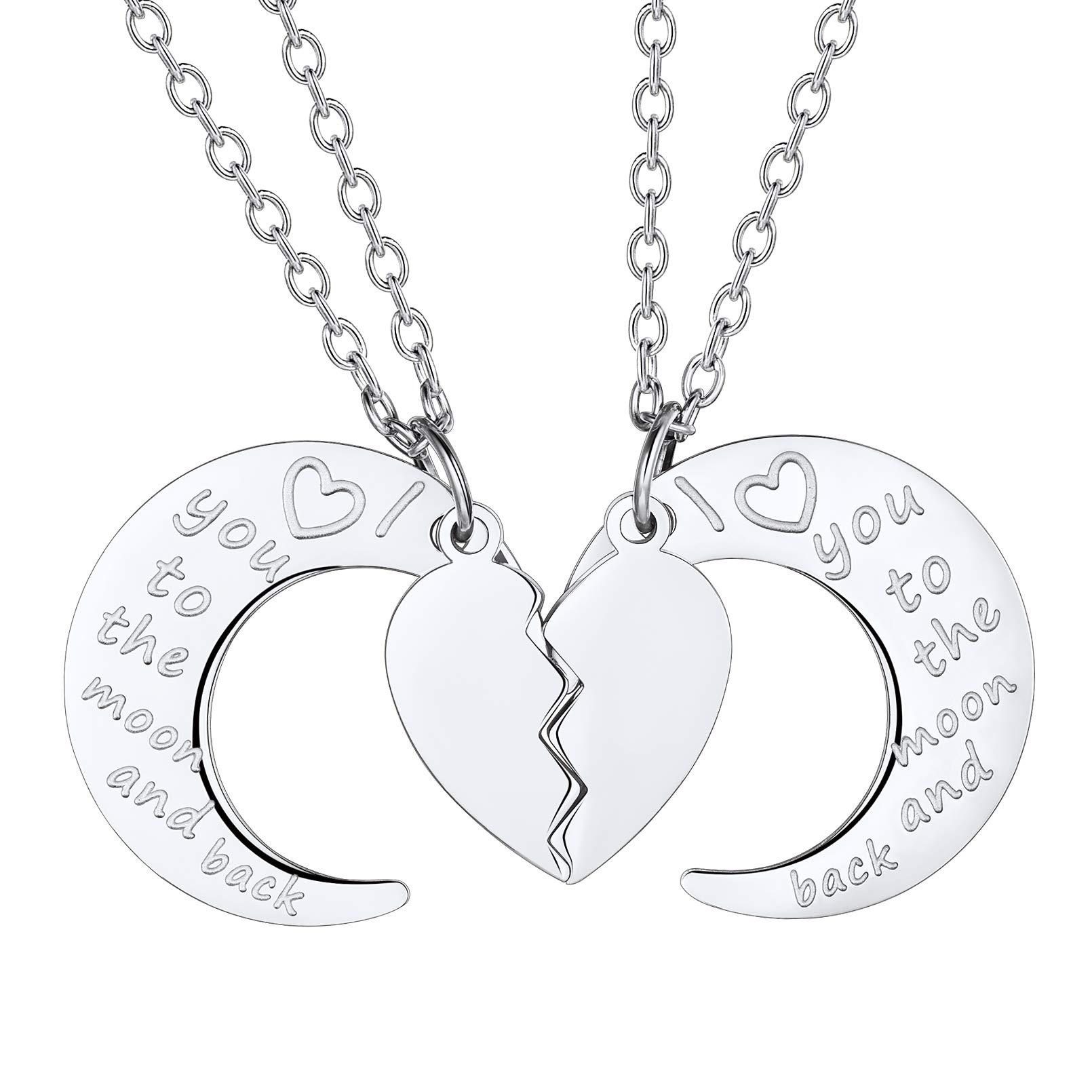 Custom4U 2 Pcs Couples Heart Matching Necklace-Stainless Steel Lover Promise Jewellery Gifts for Birthday Anniversary-I Love You to The Moon and Back Pendant Necklaces for Men Women