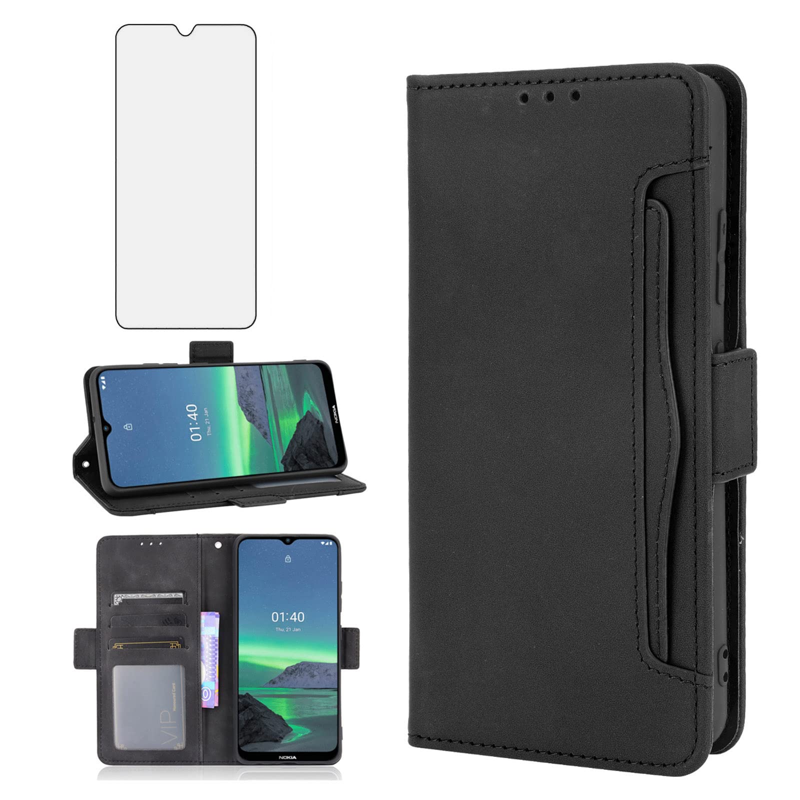 Asuwish Compatible with Nokia 1.4 Wallet Case Tempered Glass Screen Protector and Leather Flip Cover Card Holder Stand Cell Accessories Phone Cases for Nokia1.4 TA-1323 Women Men Black