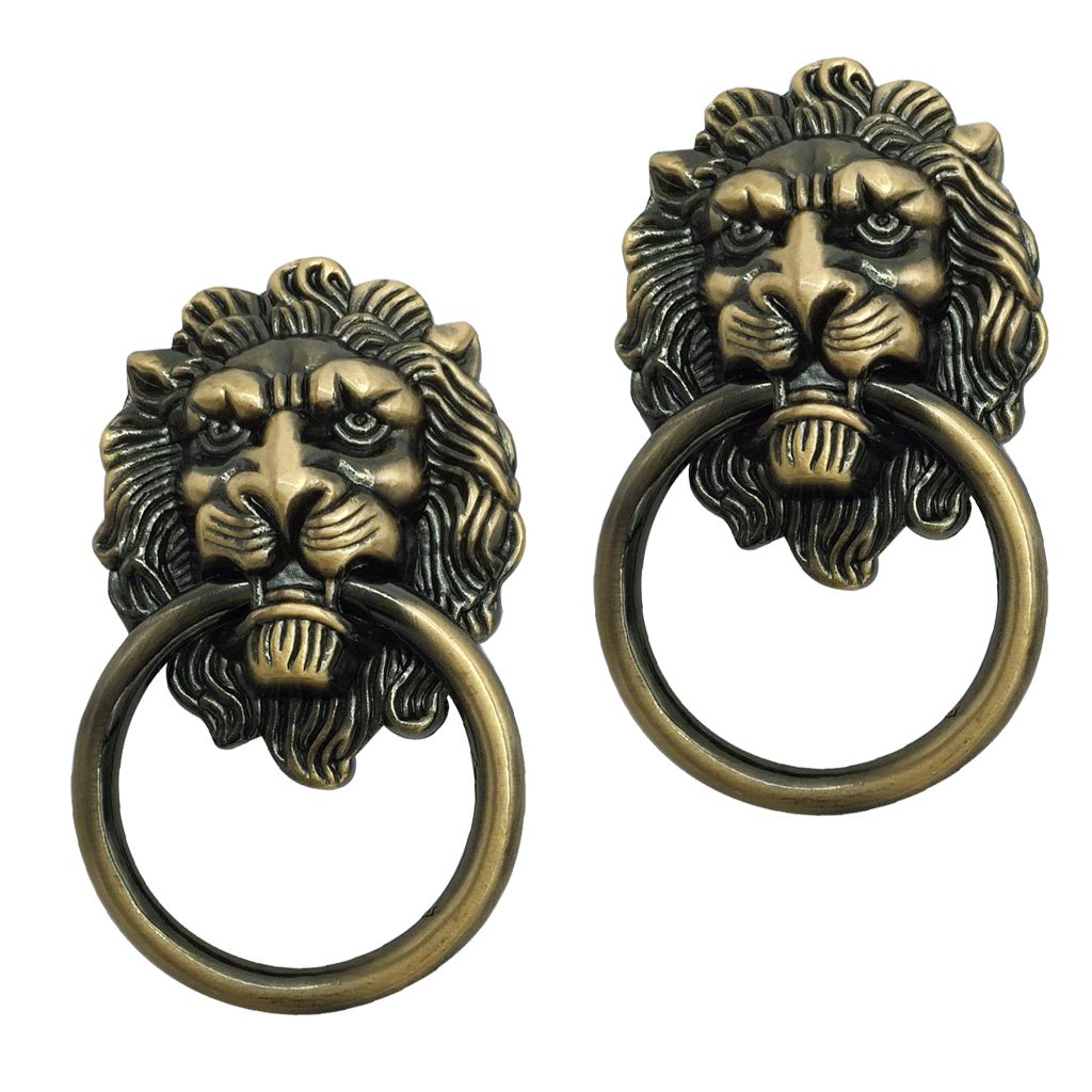 Fityle 2X Brass Handles Decorative Lion Head Knob Dresser Drawer Door