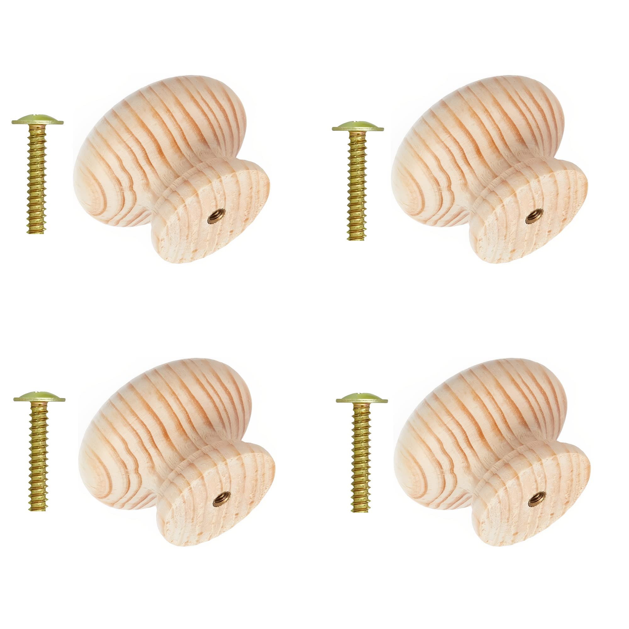 TERF® Traditional Unlacquered Pine Wooden Cupboard Cabinet Door Knob 25mm Bolt and Insert Wood Knob Chest Drawer Cupboard Kitchen Wardrobe Door Pull Handle Knobs for Use Home and Office - Pack of 4