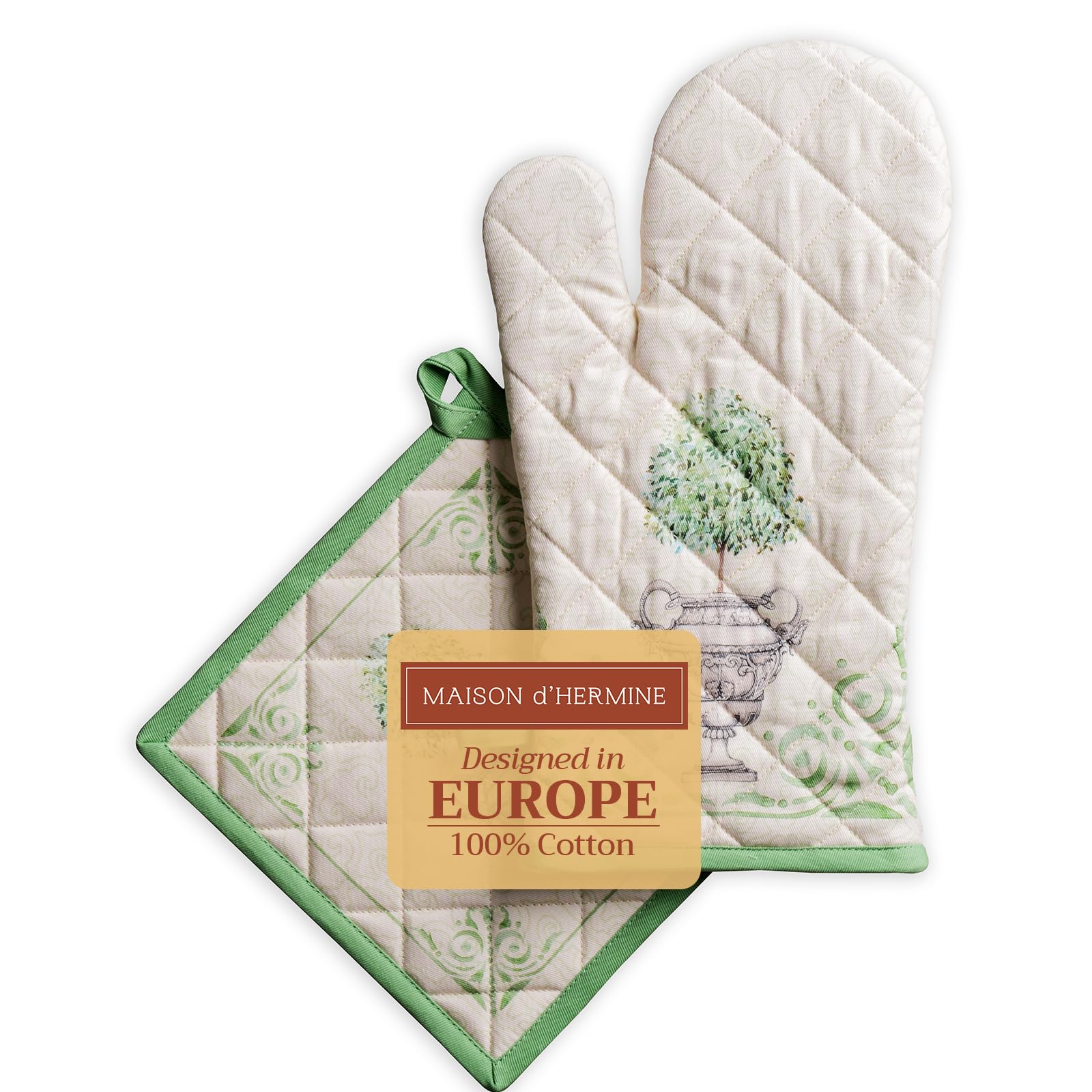 Maison d' Hermine 100% Cotton Oven Mitt & Pot Holder Set (19 x 33 cm & 20 x 20 cm) Heat Resistant BBQ Cooking Gloves with Loop for Baking Handling Hot Pans Gifts for Mothers Day (Jardin Du Roy)