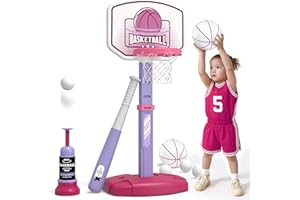 Wee Wonders 2 in 1 Toddler Basketball Hoop and T Ball Set with Automatic Pitching Machine - Adjustable Height, Kids Basketball Hoop Suit for Indoor/Outdoor, Sport Toys Gifts for Girls Age 3-8, Pink