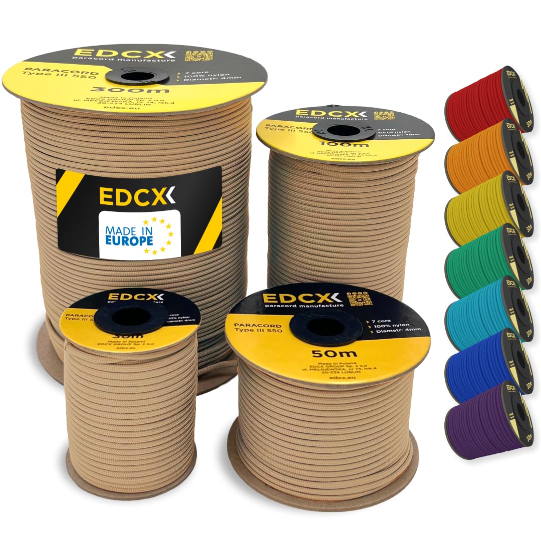 EDCX 4mm Nylon Paracord 550 100m (330 feet) | Ideal for Camping, Survival, Outdoor, Crafting, DIY | 100% Nylon Rope 4mm | Paracord 550 Type III in Solid Color (Tan, 100 m)