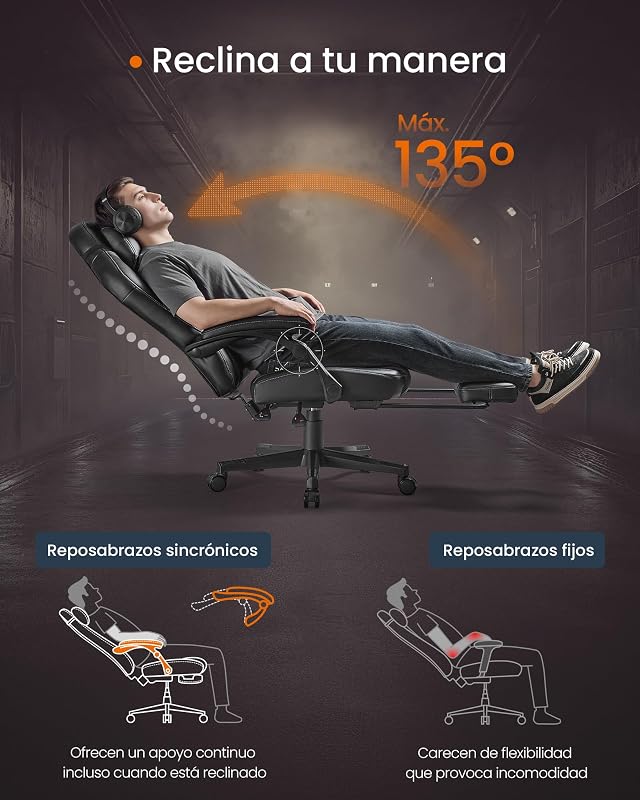 Cadeira de jogos, cadeira ergonómica de computador de corrida com apoio para os pés, com apoio de cabeça, couro sintético, altura ajustável, tinta preta OBG072B01