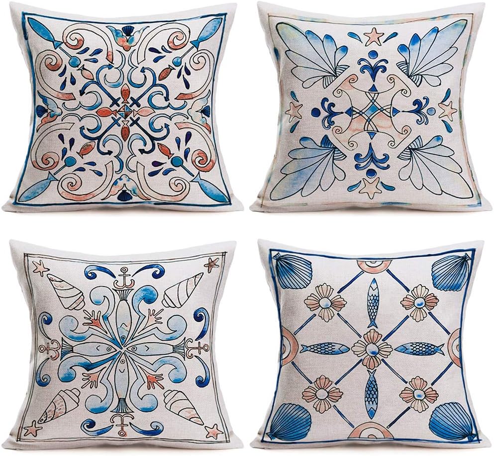 Doitely Set of 4 Pillow Covers 18x18 Inch European Portuguese Tile Pattern Decorative Pillowcase for Home Décor Cushion Covers Mexican Floral Tile Cotton Linen Pillow Protectors