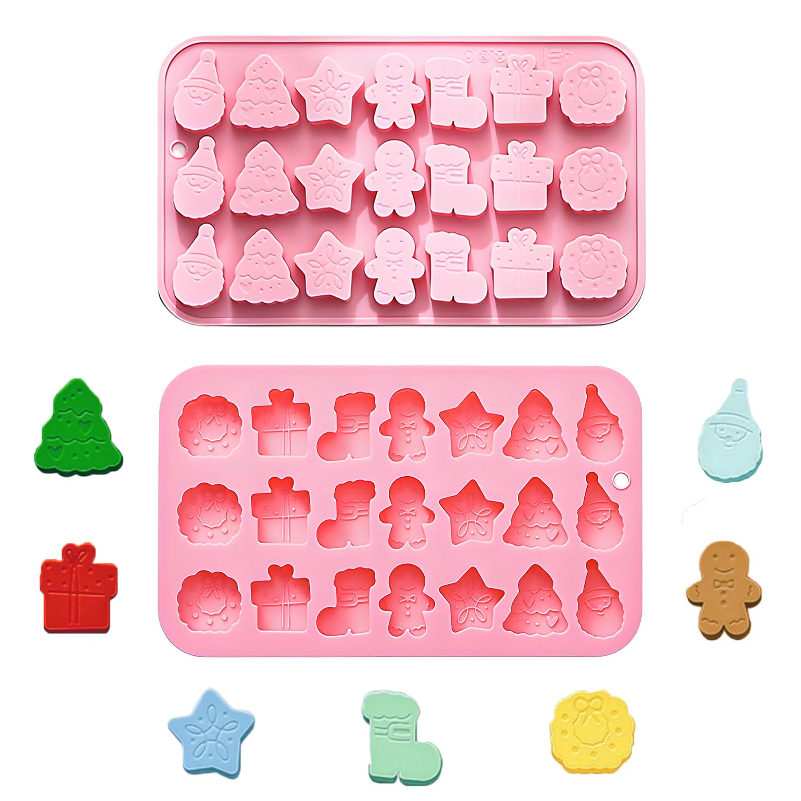Photo 1 of 2 Pcs Mini Christmas Silicone Molds, 21-Cavity Gingerbread Man Santa Claus Xmas Tree Shape Chocolate Molds for Cake Cookie Candy Gummy Resin Crafts