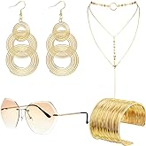 Hicarer 4 Piece 70s Disco Accessories for Woman Disco Costume Halloween Cosplay Party Accessory Set with Rimless Diamond Sunglasses Wire Bracelets Triple Layered Choker and Gold Earrings