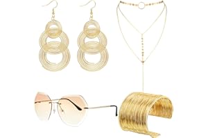 Hicarer 70s Disco Set Rimless Diamond Cutting Sunglasses Wire Metal Coil Bracelets Layered Choker Necklace Triple Swirl Disco Earrings