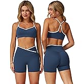 ABOCIW Workout Sets for Women 2 Piece Color Block Strappy Sports Bra Crossover High Waist Shorts Gym Yoga Pilates Outfits