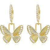 Gold Dangle Butterfly Earrings for Women 14K Gold Plated Cubic Zirconia Butterfly Huggie Hoop Earrings Elegant Drop Intersect Fairy CZ Textured Butterfly Earrings Trendy Summer Jewelry Gift for Women