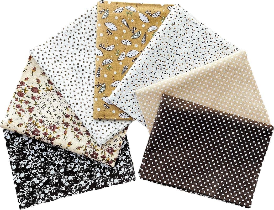 CraftsFabrics Large 7 pcs 50 * 50 cm (20" x 20") Printed Cotton Fat Quarters - for Quilting, Scrapbooking, Sewing, Arts & Crafts, DIY Projects, Collage, Available in 7 Colours (Brown)