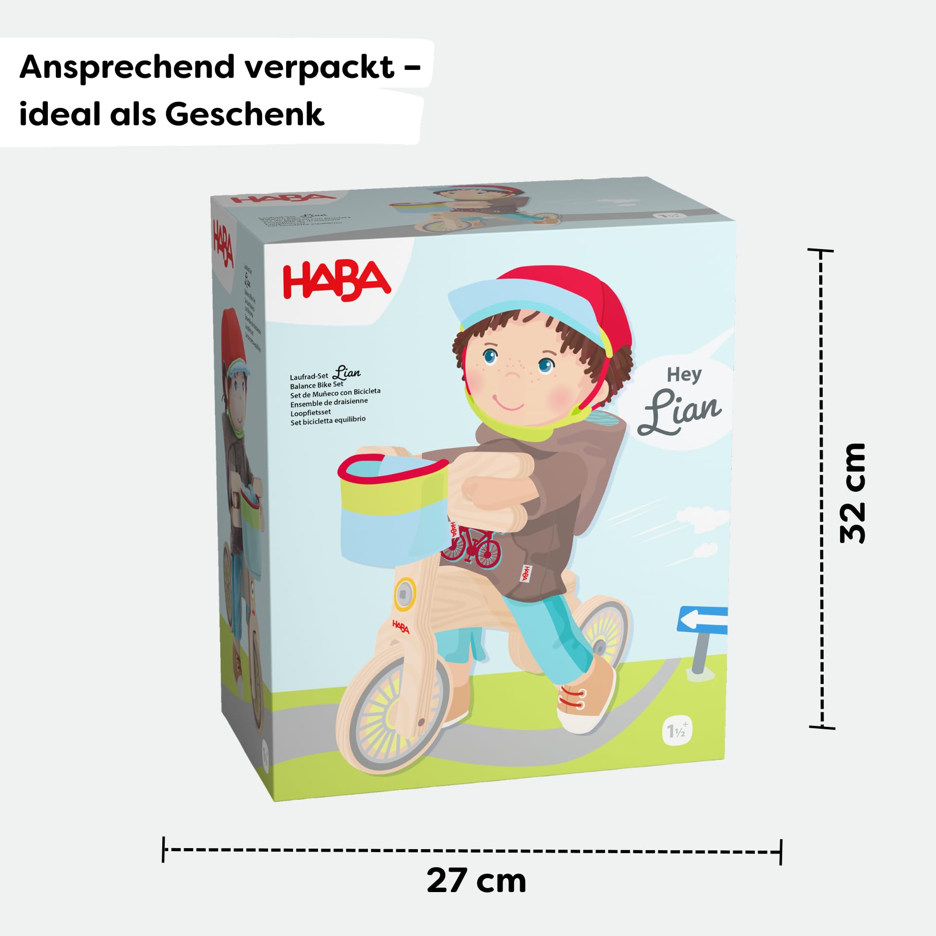 HABA Laufrad-Set Lian – Holz-Laufrad mit Puppe Lian, Fahrradhelm und Fahrradkorb – Fahrrad mit Doppelrad für sicheren Stand – 2011905001 7