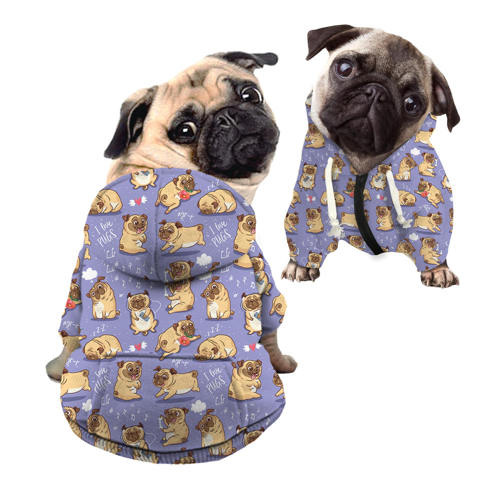 Kuiaobaty Cute Pug Puppy Print Dog Hoodie Doggy Shirt Clothes Outfits, Kawaii Cartoon Dog Dog Sweaters Blue Outdoor Jumper for Pets