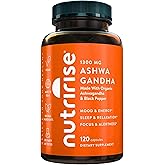 NutriRise Organic Ashwagandha Root Capsules with Black Pepper, 1300mg, Natural Stress & Mood, Thyroid, and Immune Support Supplement, Clarity, Focus & Energy, Gluten Free, 120 Count