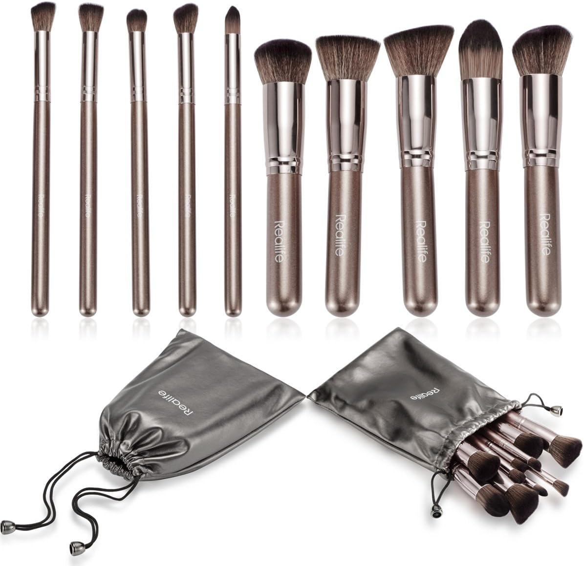 Realife 10Pcs Makeup Brushes Set Kabuki Foundation Kits with Cases Brown