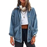 MJFCS YAENH Women's Casual Oversized Button Up Denim Jackets Shacket Long Sleeve Pockets Denim Jean Jacket with Huge Pockets