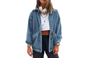 MJFCS YAENH Women's Casual Oversized Button Up Denim Jackets Shacket Long Sleeve Pockets Denim Jean Jacket with Huge Pockets