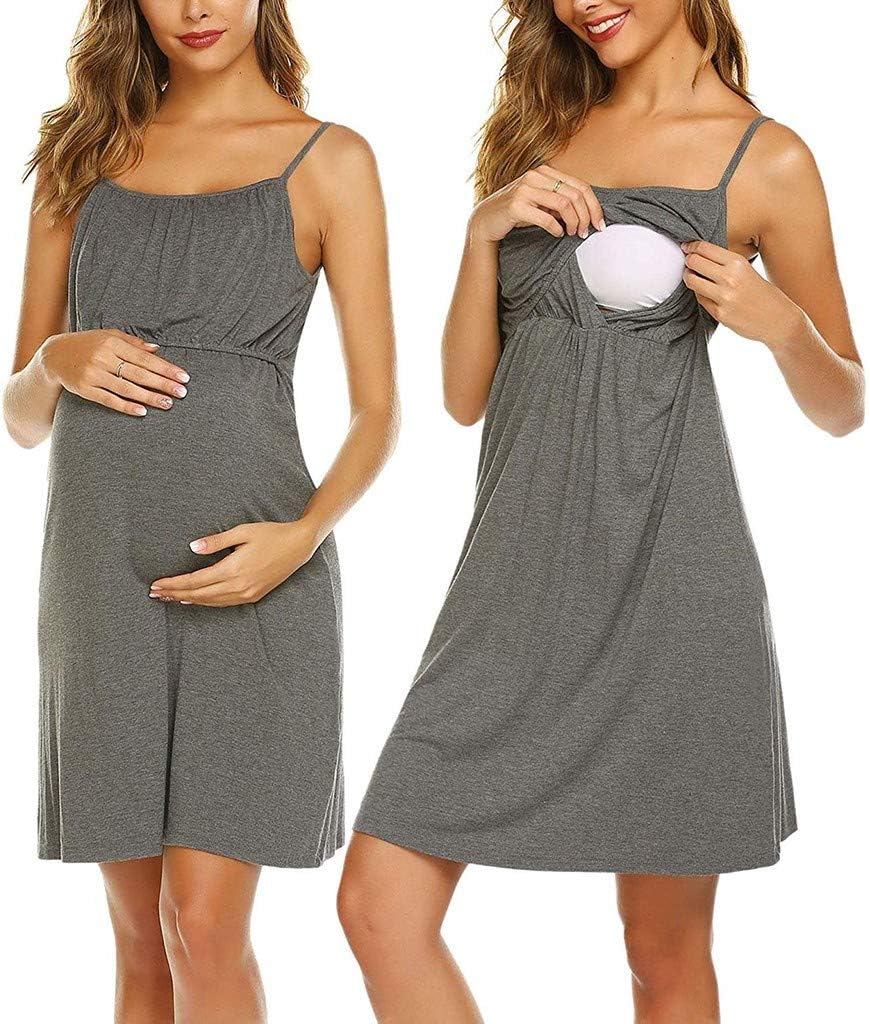 Yuelie Women’s Breastfeeding Dress Casual Solid Sleeveless Nursing Nightdress Maternity Pyjamas Set Nursing Sleepwear