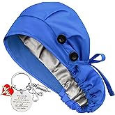 Satin Lined Scrub Cap for Women Ponytail Hair Surgical Nurse Cap 4 Buttons