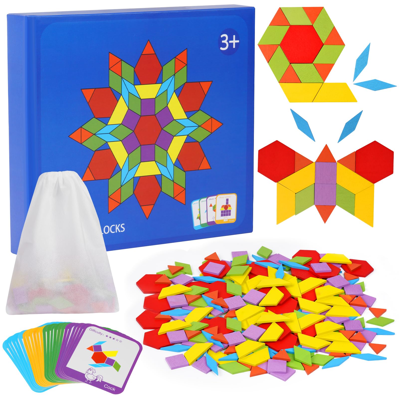 HOTUT Montessori Wooden Puzzle 155 Geometric Shape, Tangram Funny Educational Toy, Tangram Montessori Toys with 24 Pieces of Design Cards for Children 3 4 5 6 Years Old