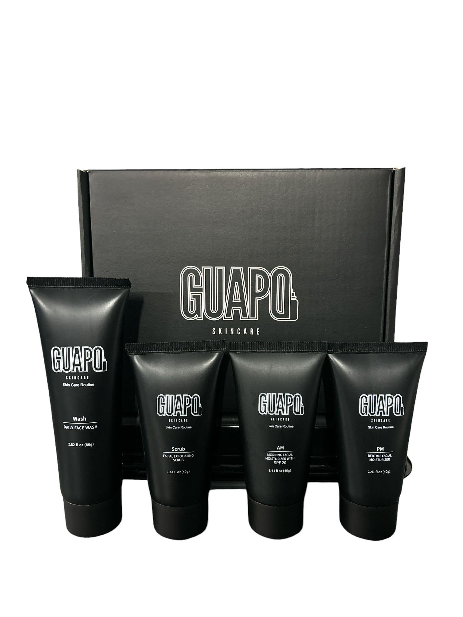 Guapo Skincare - Mens Skincare Routine Facewash Kit, 4 Step Regime Including Face Wash, Facial Scrub, SPF20 Moisturiser and Nightime Lotion