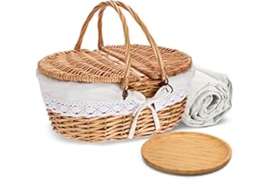 Gandeer Picnic Basket with Blankets and Bamboo Plates Picnic Supplies Set Basket with Lid and Handle Wicker Picnic Basket Sturdy Woven Body with Washable Lining for Camping (White)
