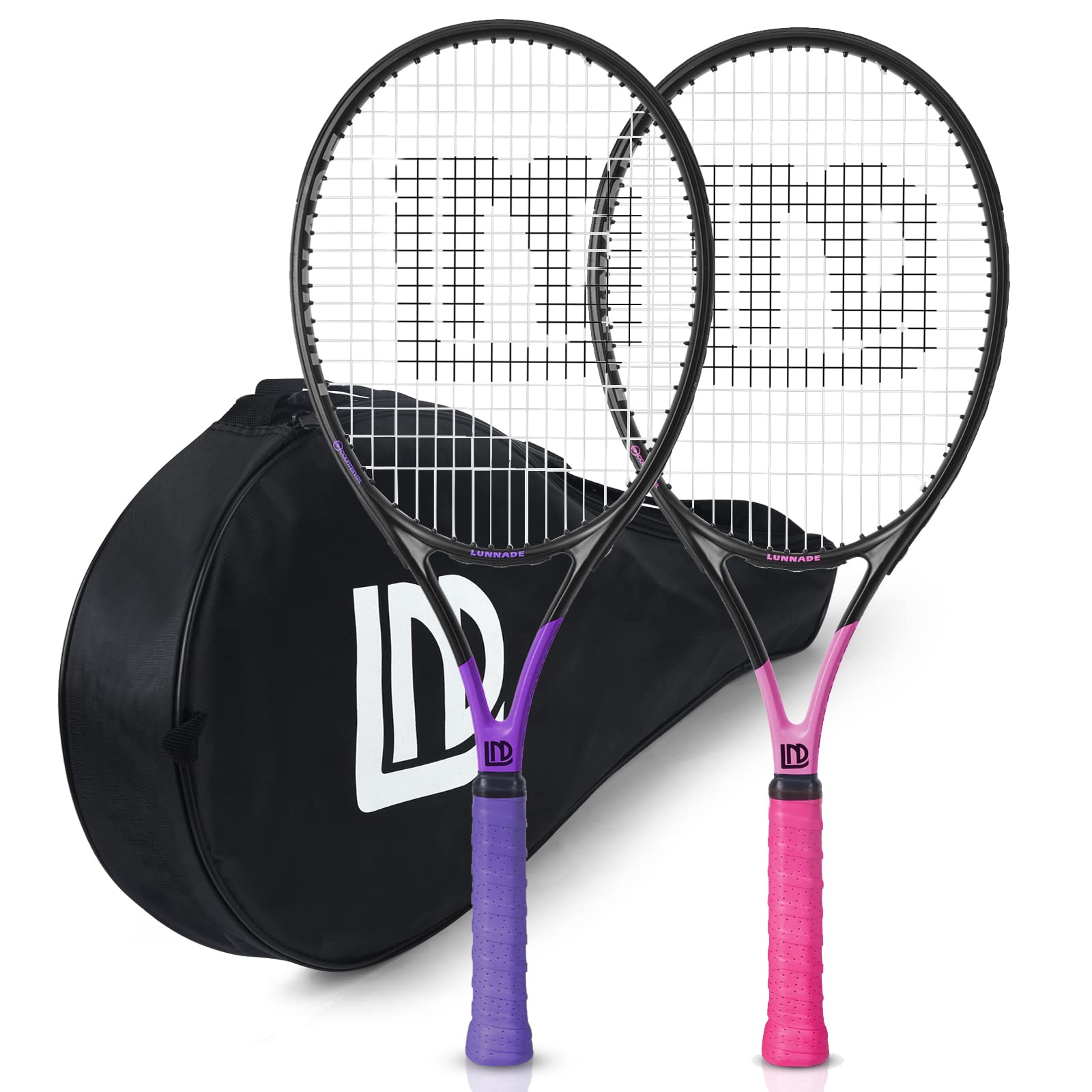 LUNNADE Adult Tennis Rackets 2 Pack, Durable 27 Inch Coupled Tennis Racquet Light-Weight, Pre-Strung and Regrip, Suitable for Beginners to Intermediate Players