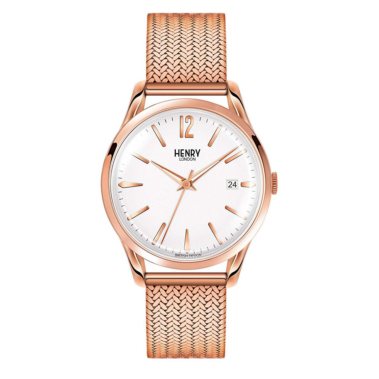 Henry London Unisex Richmond Quartz Watch with White Dial Analogue Display and Rose Gold Stainless Steel Bracelet
