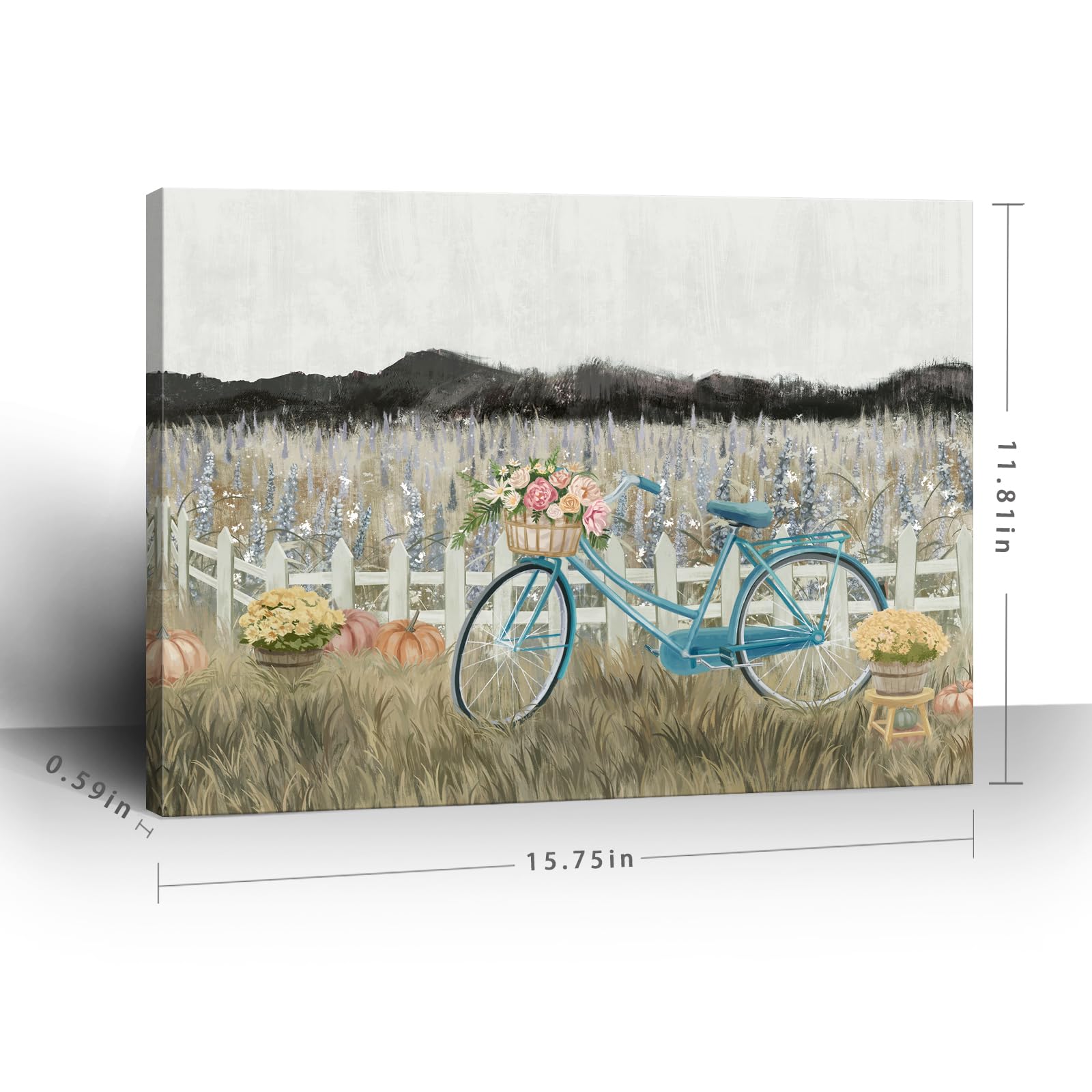 Farmhouse Decor Bathroom Fall Wall Art Vintage Boho Landscape Nature Canvas Picture Mountains, Bicycle Lavender Flowers Floral Neutral Small Artwork for Modern Organnic Country Rustic Cottagecore Bedroom