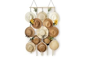 HYDERMUS Hat Rack for Wall 31x53 in Hat Organizer with 15 Clips Hanging Macrame Hat Hangers for Wide Brimmed Hat Display Women Hat Storage Boho Hat Hanger Decorative Hat Holder for Fedora Cowboy Hat