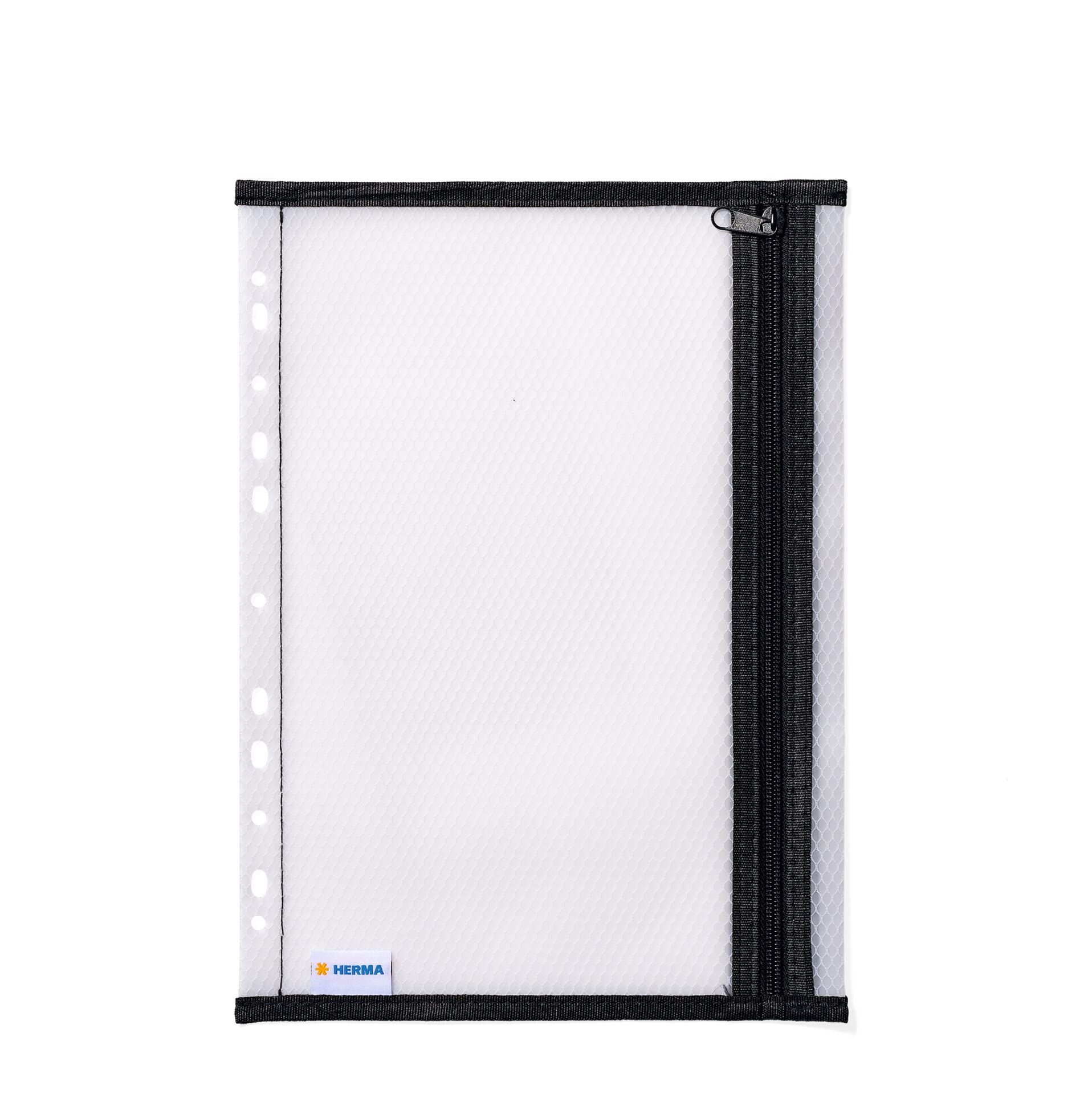 HERMA 20030 Folder Bag A4 for Filing with Zip Transparent Black, Large Lockable & Perforated Transparent Pocket with Zip, Storage Bag for Documents, Documents