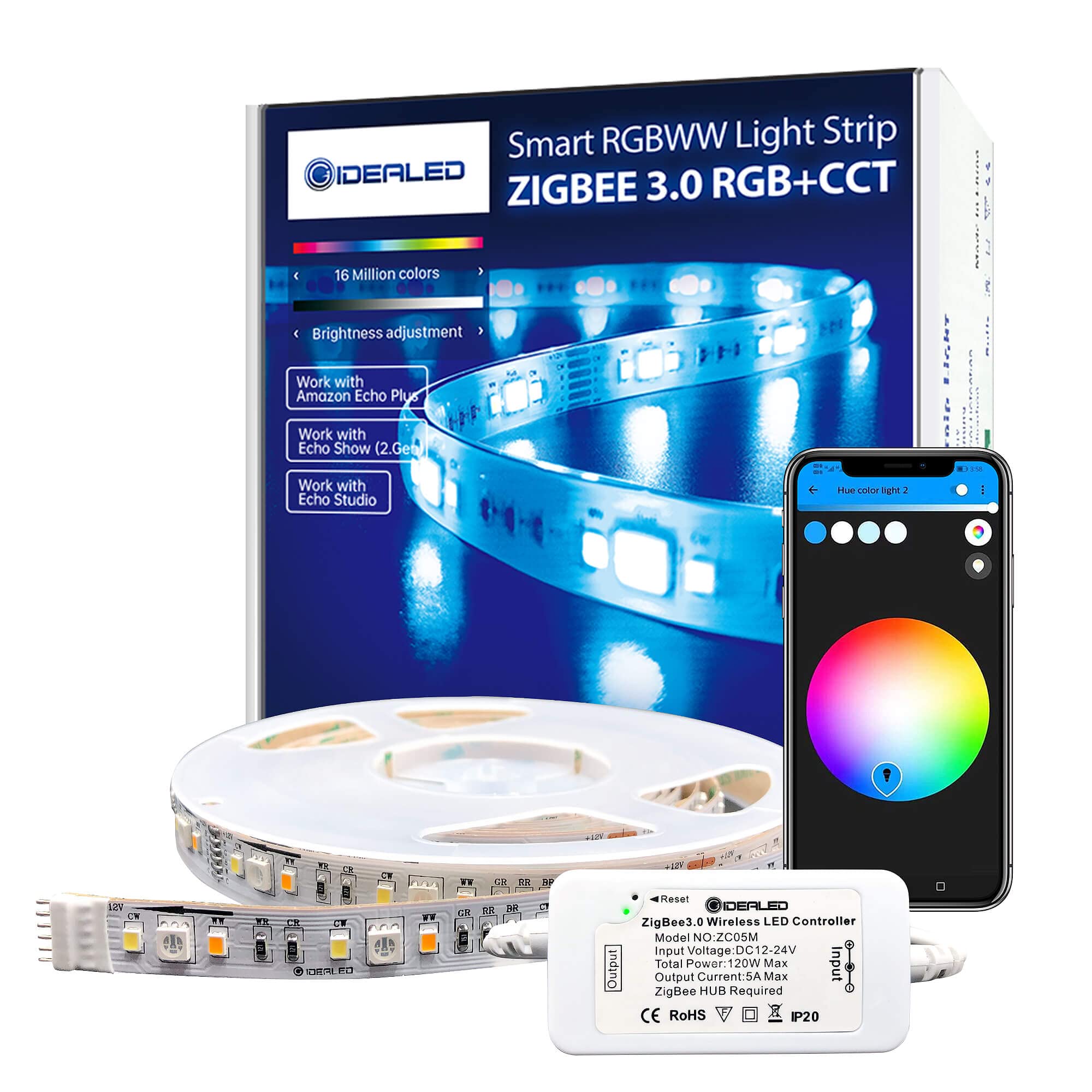 GIDEALED Smart ZigBee 3.0 Controller Dimmable Ambiance LED Kit with 16.4ft RGBWW LED Strip compatible HUB Bridge,Echo Plus for APP/Alexa Voice Control RGB Cool White Warm White(RGBCCT)LightStrip Plus