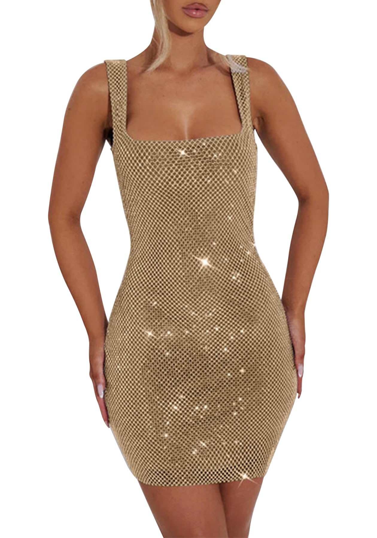 Photo 1 of Famnbro Womens Sexy Sequin Dress Square Neck Sleeveless Cocktail Party Bodycon Sparkle Mini Dresses Gold