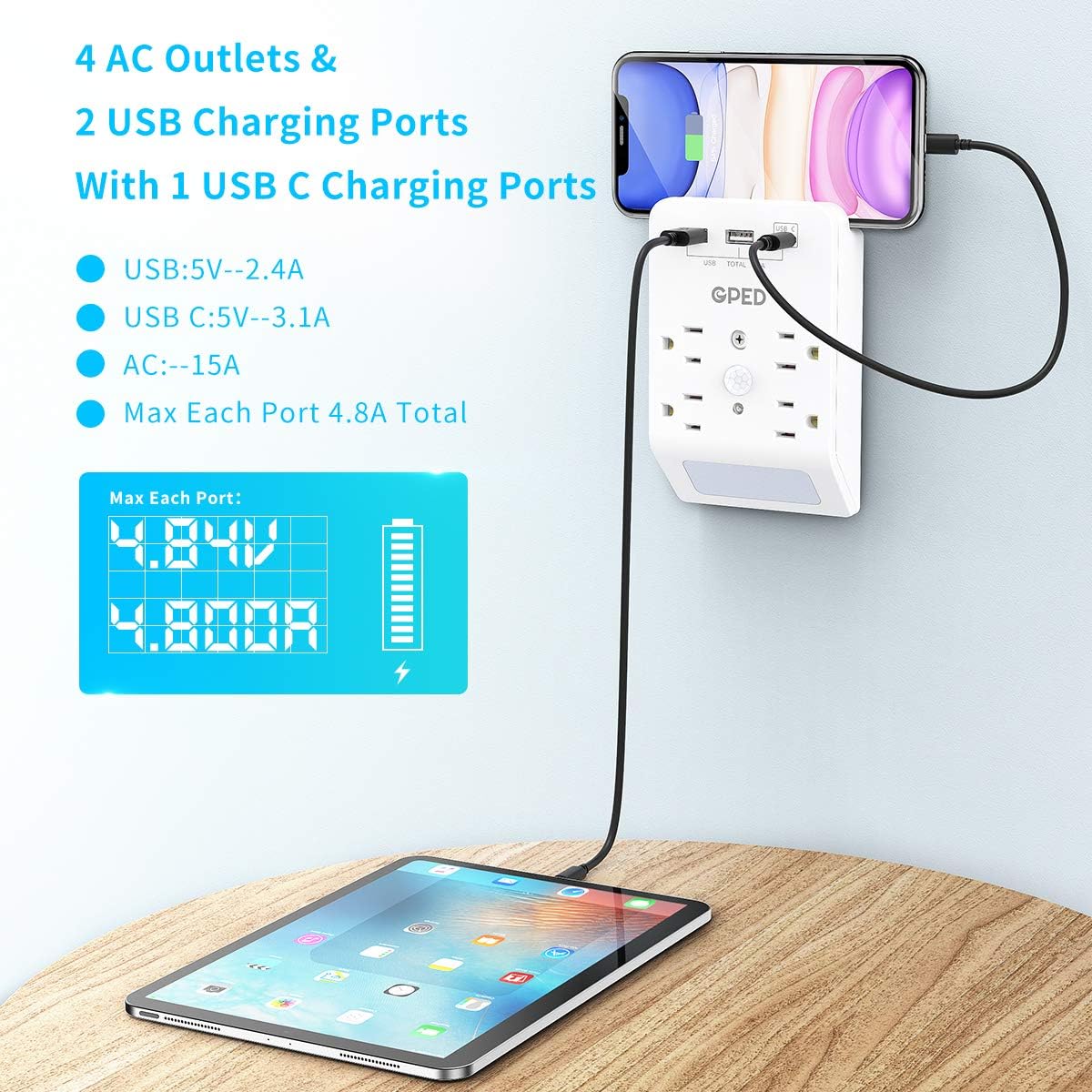 USB Wall Outlet, Surge Protector, Plug-in Night Light with 2 USB & 1 Type-C 4.8A Ports 4 Outlet, Intelligent Nightlight with Motion & Light Sensor, ETL Listed, Suitable for Living Room,Kitchen: Home Audio & Theater