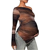 MakeMeChic Women's Maternity T Shirt Fall Tie Dye Asymmetrical Lettuce Trim Long Sleeve Pregnancy Tops