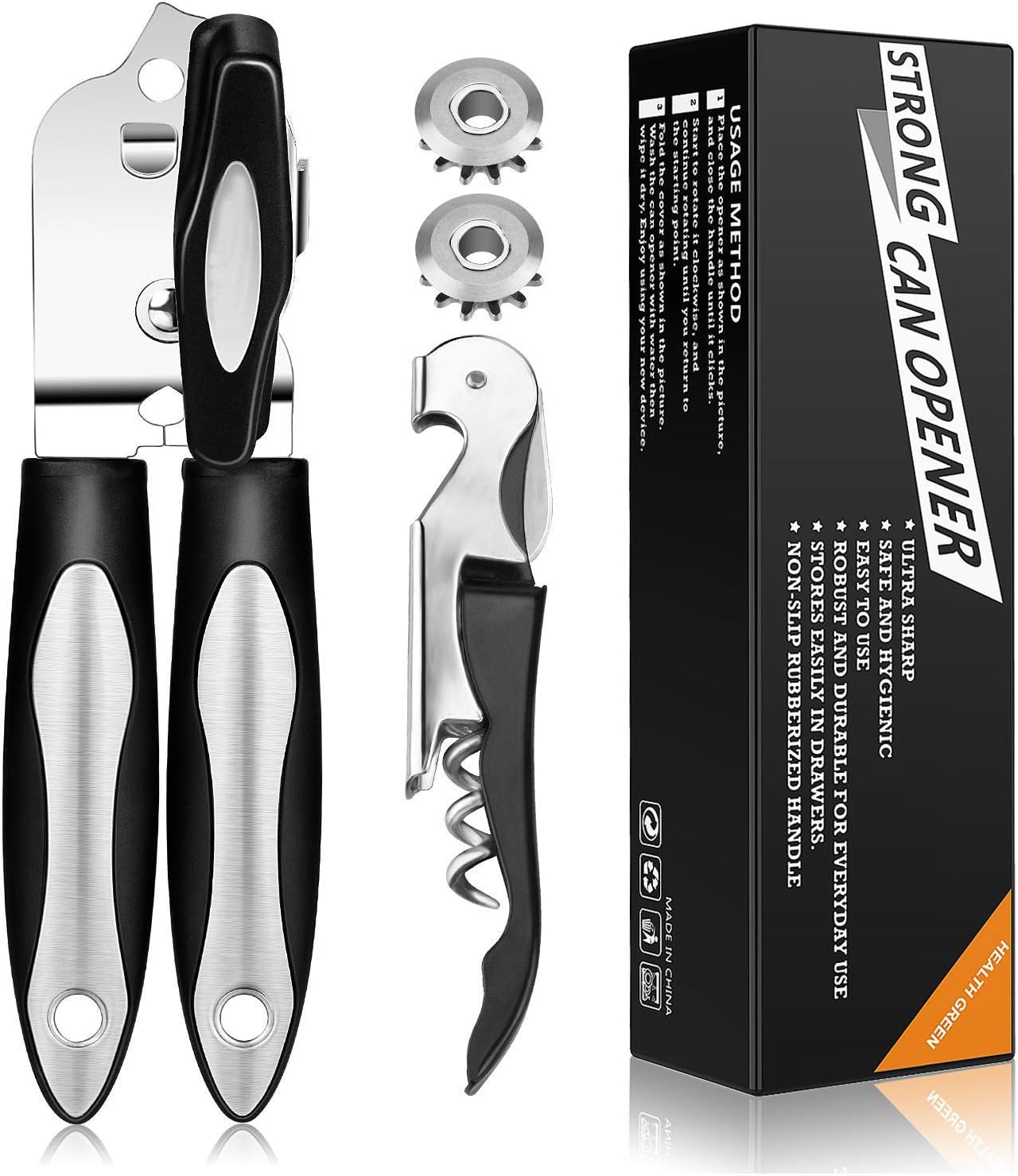 Can Opener - TOP Quality Stainless Steel Manual Tin Can Opener, Carbon-Steel Blade for Safety Smooth Edge - Heavy Duty 3-in-1 Bottle Opener Lever for Kitchen Restaurant Camping (Black D)
