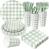 175 PCS Sage Green Gingham Party Supplies Includes Green Gingham Paper Plates, Cups, Napkins, Cutlery for Wedding Bridal Shower Birthday Baby Shower Party Decorations, Serves 25