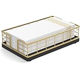 Wican Guest Towel Holder Tray for Bathroom, Oak and Iron Napkins Holder for Powder Room Dinning Table Wooden Basket for Disposable Paper Hand Towels Gold and Black