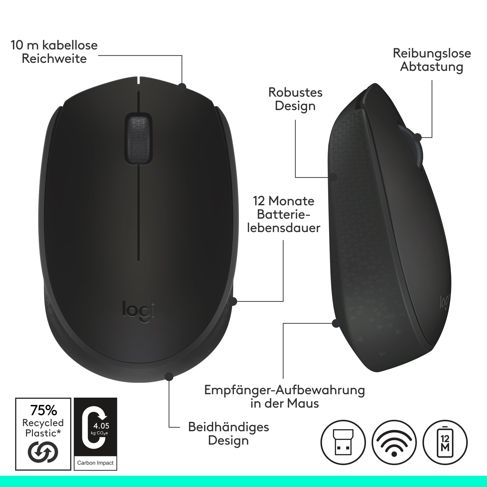 Logitech M171 Kabellose Maus, 2.4 GHz Verbindung via USB-Empfänger, Optischer Sensor, 12-Monate Akkulaufzeit, Für Links- und Rechtshänder, 3 Tasten, PC/Mac - Schwarz 9