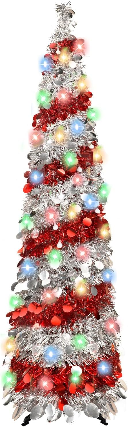 Trees - 5FT Christmas Trees with 90 Lights, Collapsible Artificial Sequin Pop Up Christmas Tree, Tinsel Slim Pencil Christmas Tree for Home Holiday Fireplace Party Indoor Outdoor Xmas Decorations (Sliver&Red)