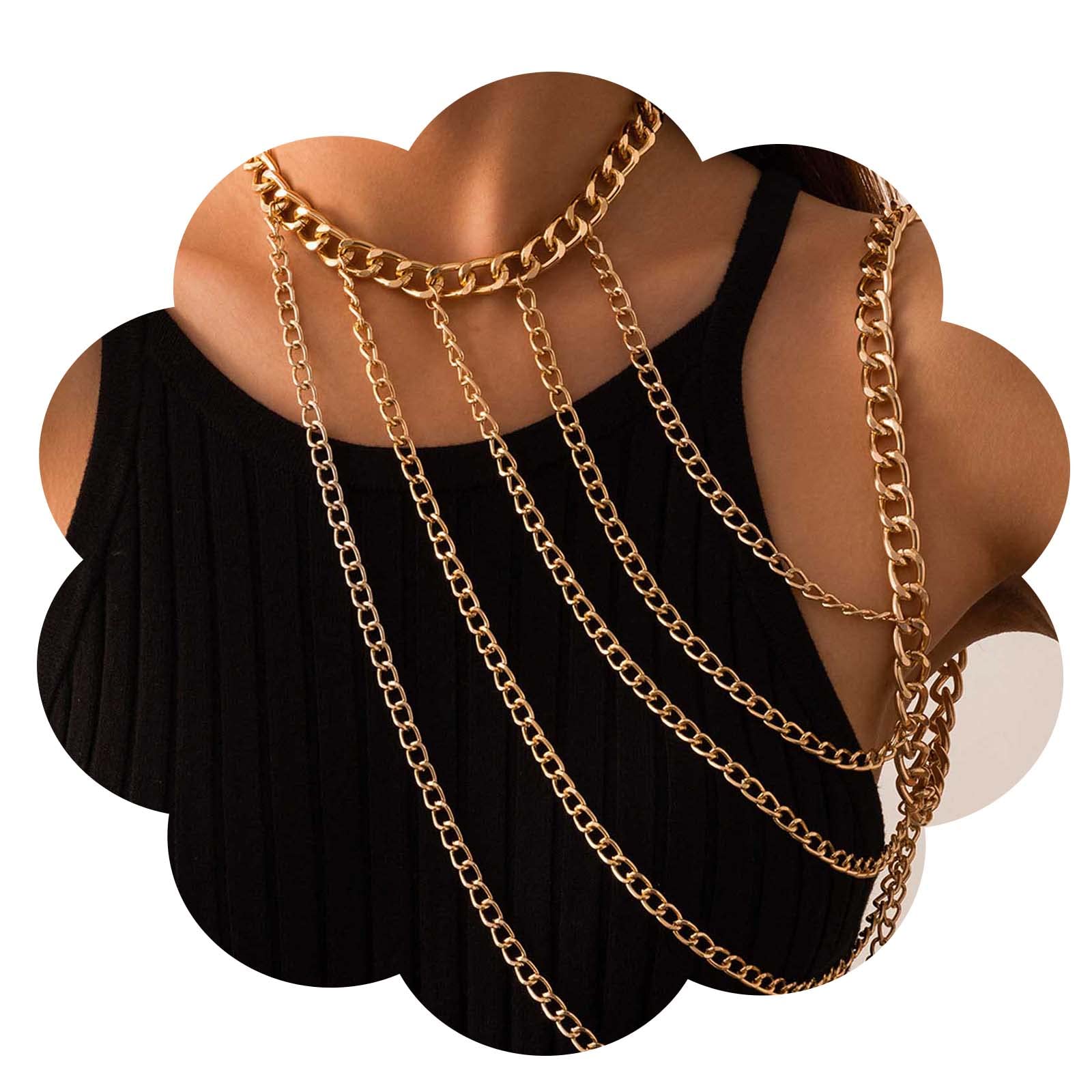 Yienate Gold Cuban Body Chain - Boho Multi Layer Chunky Choker Necklace Shoulder Chain - Women's/Girls Gift