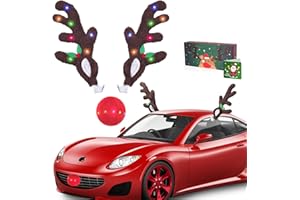 Reindeer Antlers for Car Decoration, ASTRAEA Christmas Car Reindeer Ears & Red Nose with LED Lights, Auto Holiday Accessories for SUV Van Truck Decor Multicolor with Greeting Card